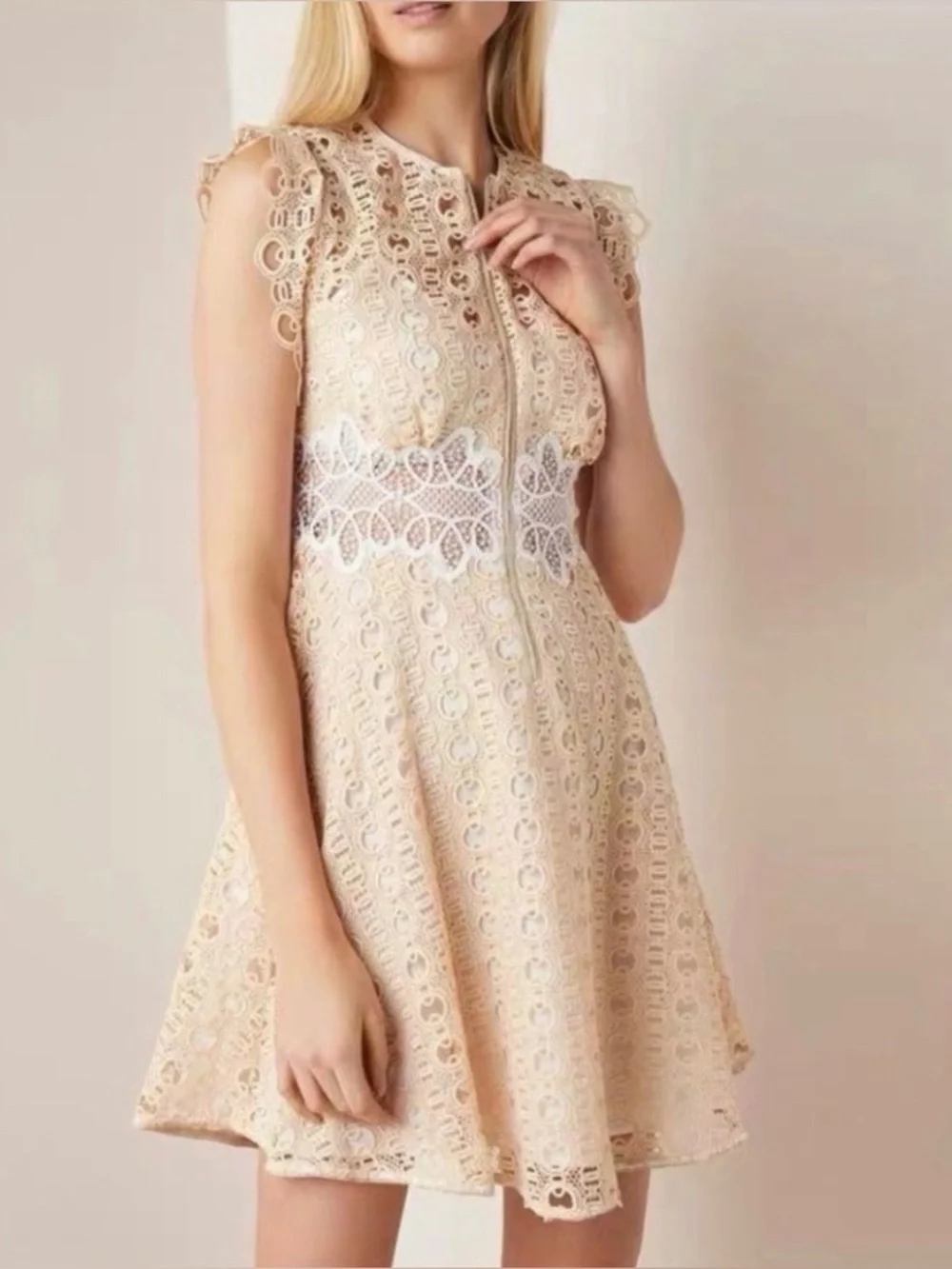 Sandro kamel sleeveless zip up front embroidered lace dress size 40EU - Picture 1 of 9